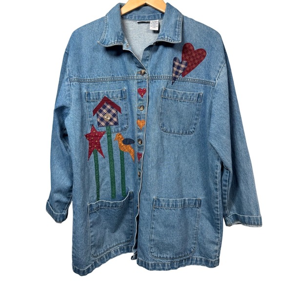 Cabin Creek Jackets & Blazers - VTG Women XL Denim Coat Jacket‎ Applique Birdhouse Patchwork Cottage Barn Chore
